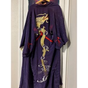 Vintage Purple Embroidered Dragon Kimono Robe Acetate Long Loungewear XL 56in